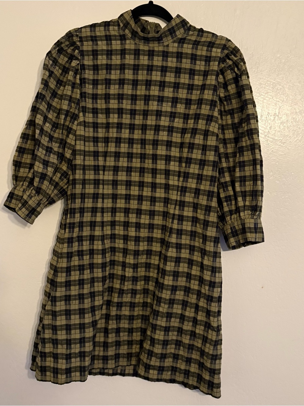 Ganni Olive Green and Black Plaid High-Neck Dress
